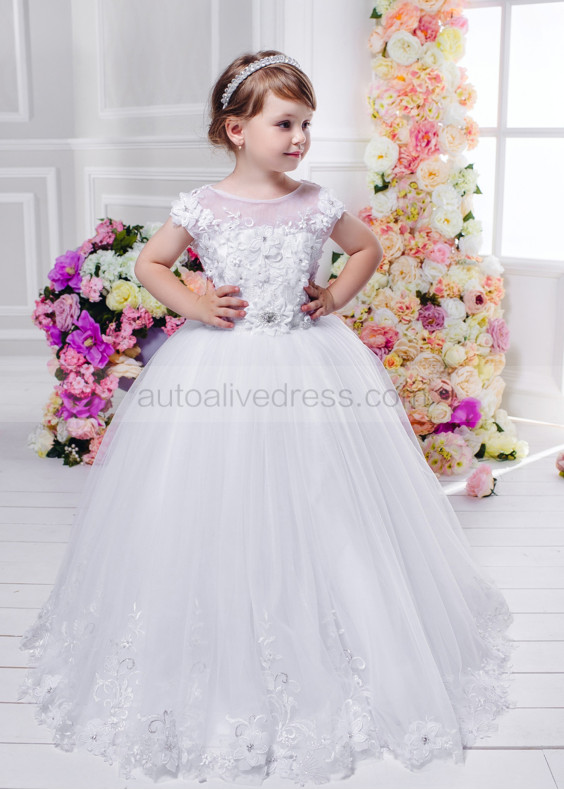 White 3D Lace Tulle Buttons Back Floor Length Flower Girl Dress White 3D Lace Tulle Buttons Back Floor Length Flower Girl Dress